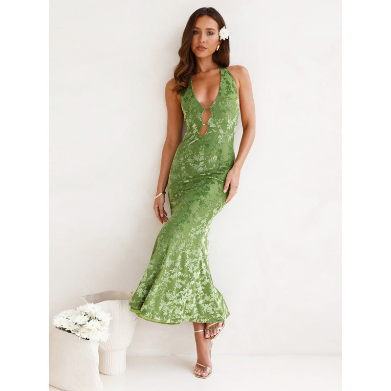 Damen elegantes Maxikleid mit tiefem V-Ausschnitt und transparentem Design EB
