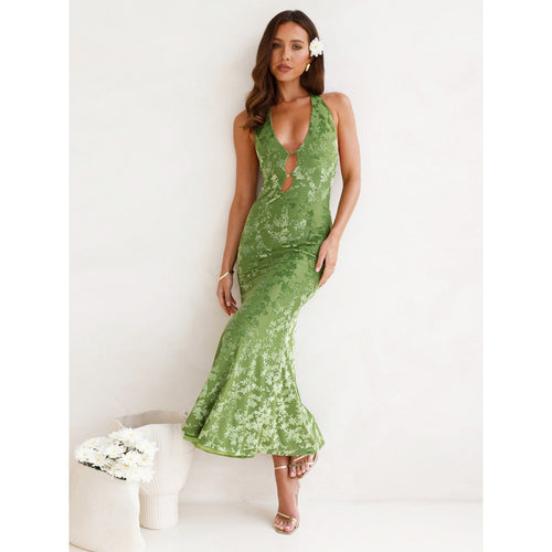 Damen elegantes Maxikleid mit tiefem V-Ausschnitt und transparentem Design EB