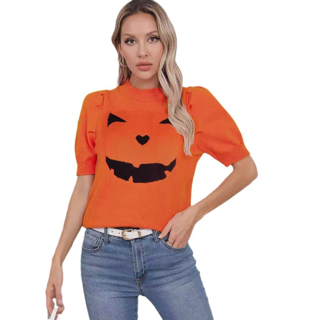 Damen Kurzarm-Pullover mit lässigem Kürbis-Motiv Heidi-Mode