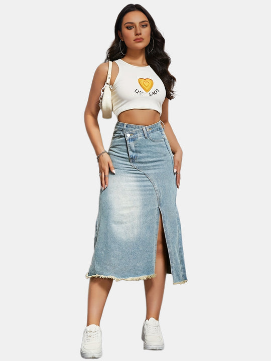 Damen Jeansrock mit seitlichem Schlitz und fransigem Saum EB