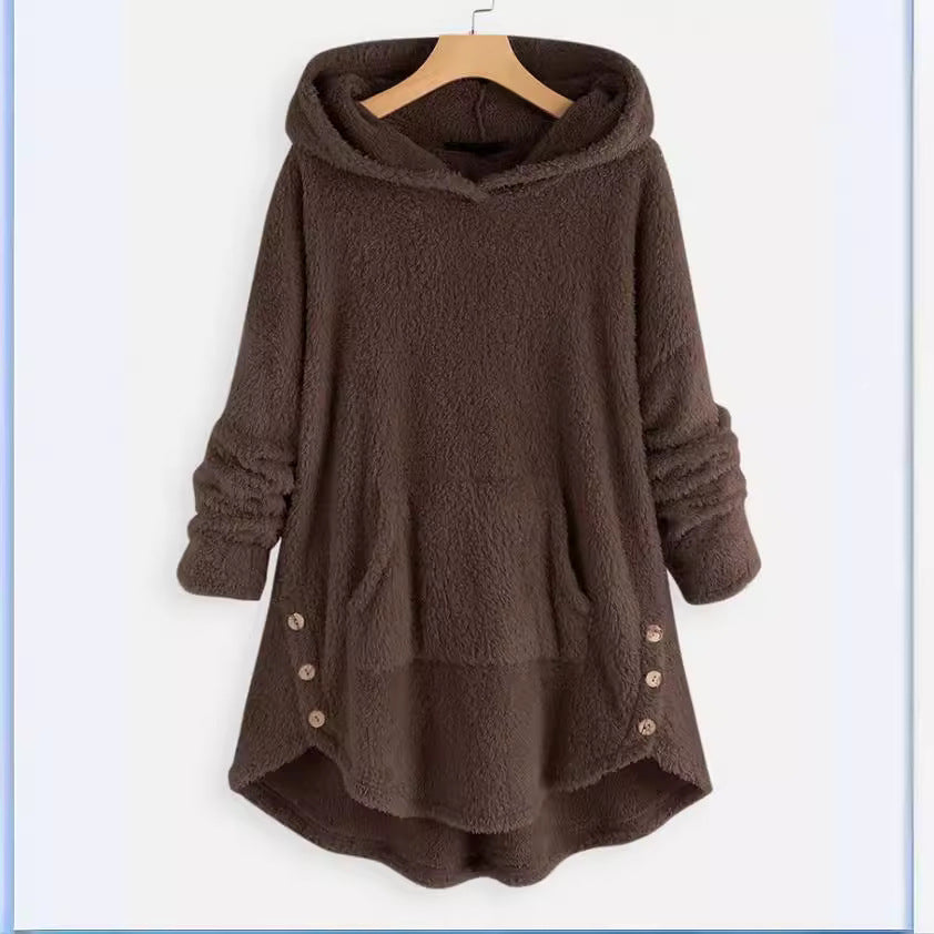 Damen nan kuscheliger Teddy-Kapuzenpullover mit Kängurutasche, Knopfleiste an den Seiten und abgerundetem Saum EB