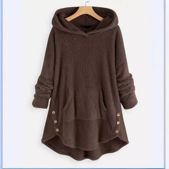 Damen nan kuscheliger Teddy-Kapuzenpullover mit Kängurutasche, Knopfleiste an den Seiten und abgerundetem Saum EB