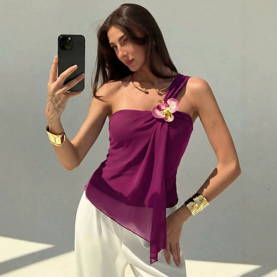 Damen nan asymmetrisches Einschulter-Chiffon-Oberteil mit Drapierung und Zierbrosche EB