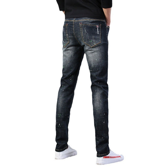 Herren Slim Fit Jeans mit kreativen Rissdesign und Farbklecksen EB