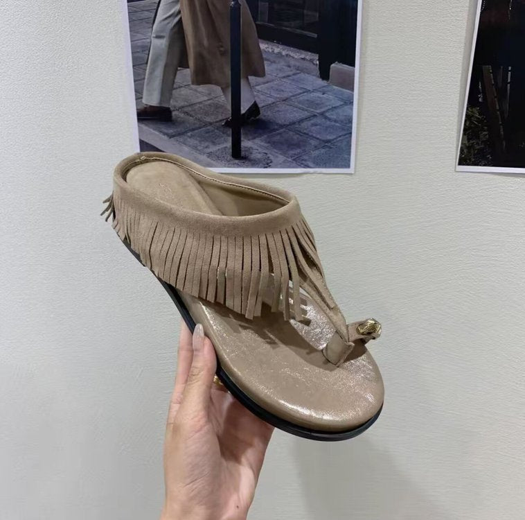 Damen elegante Flip-Flops mit fransiger Lederoptik und komfortablem Fußbett EB
