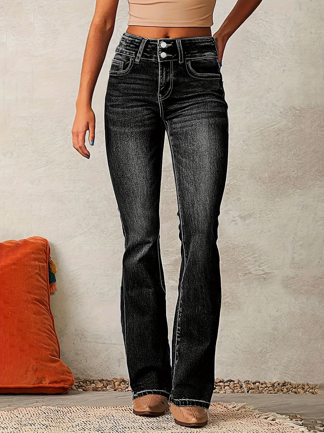 Damen Hochtaillierte Bootcut Jeans EB