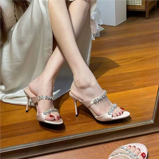 Damen elegante High Heel Sandalen mit glitzerndem Strassbesatz EB