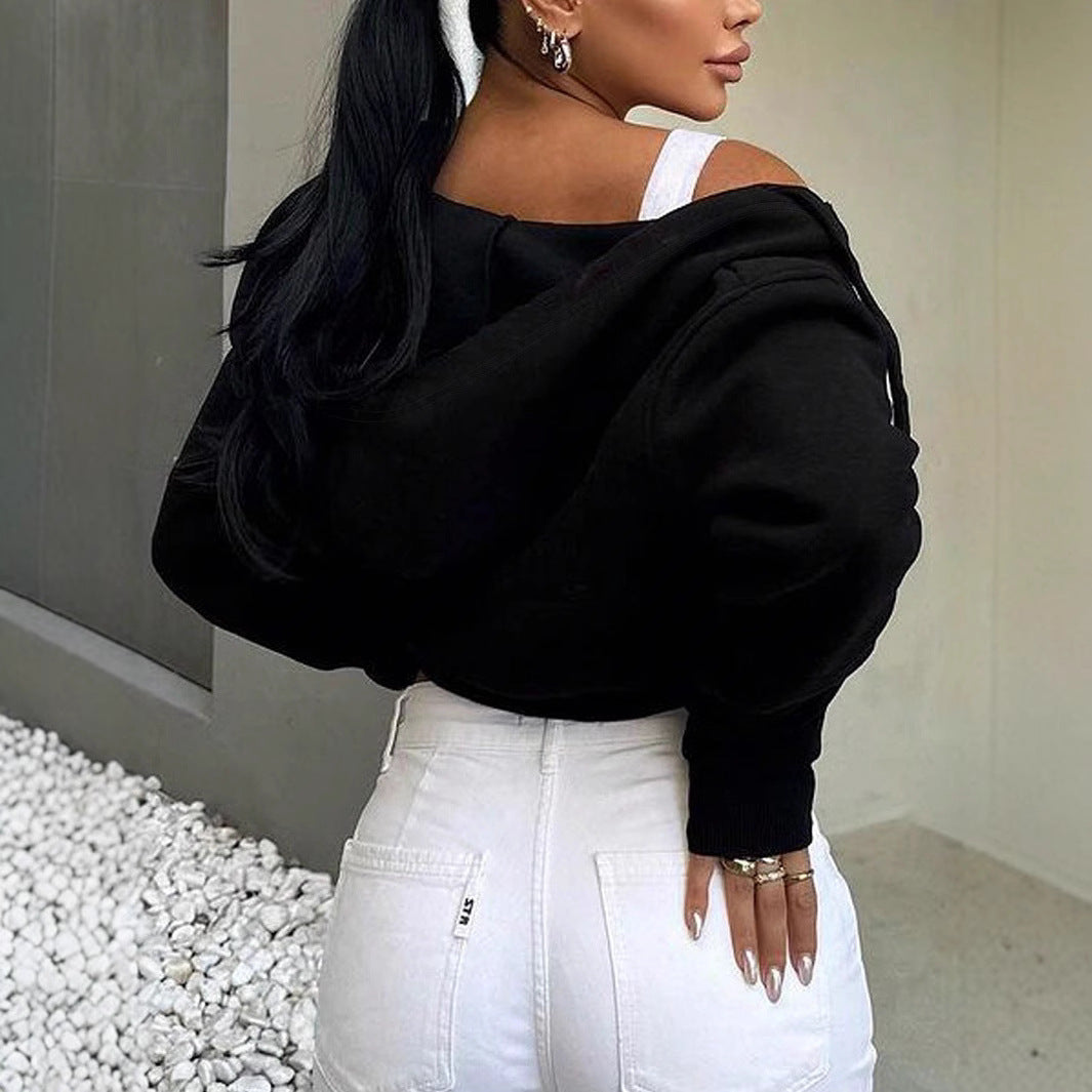 Damen Kurze Sweatjacke mit Kapuze und Reißverschluss EB