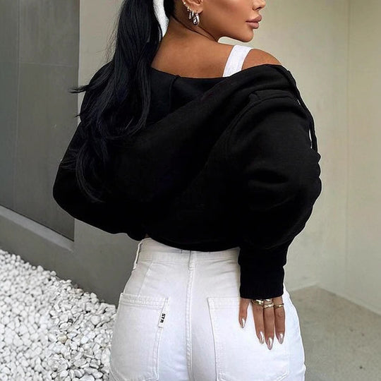 Damen Kurze Sweatjacke mit Kapuze und Reißverschluss EB