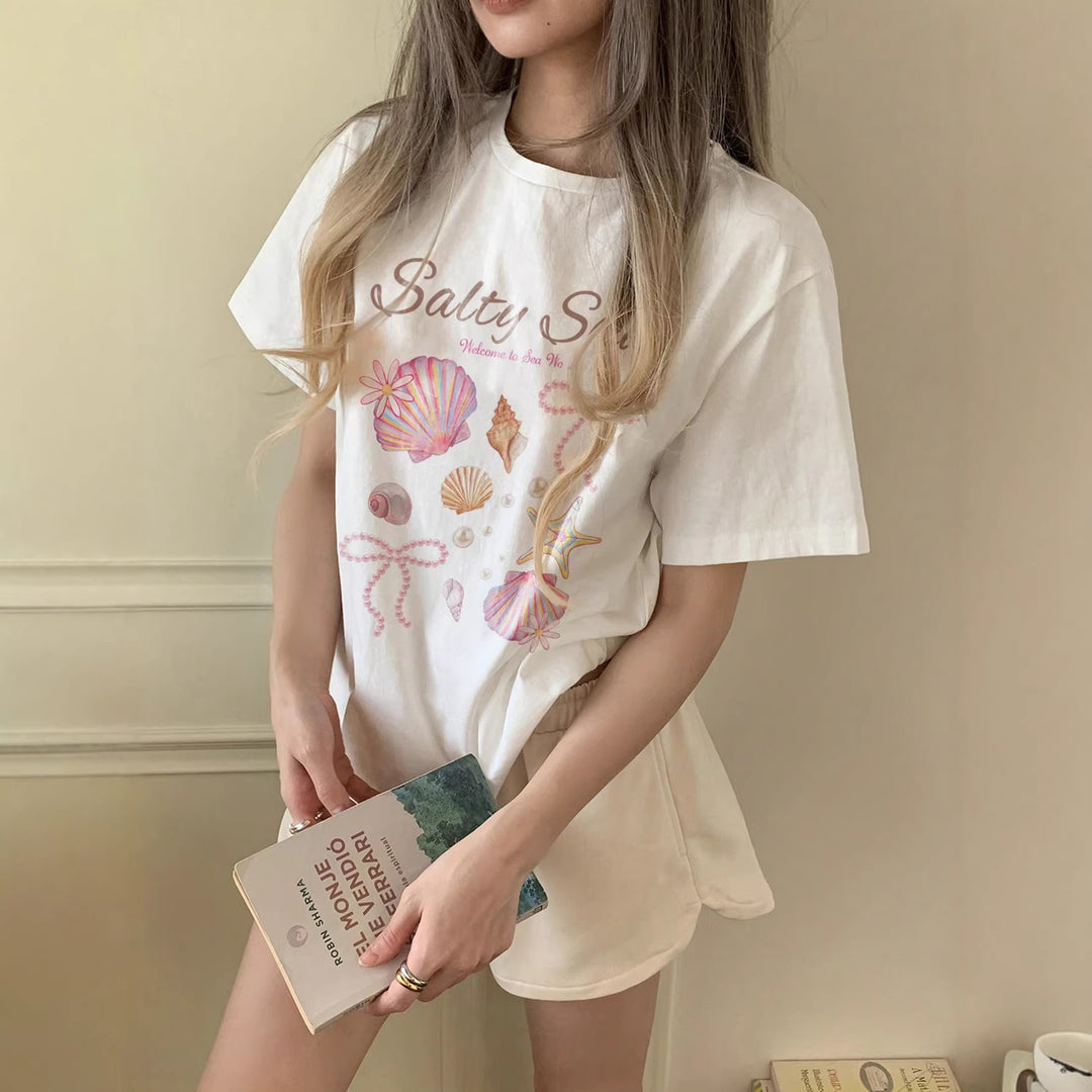 Damen Grafik T-Shirt mit maritimem Muschelmotiv und legerem Schnitt EB