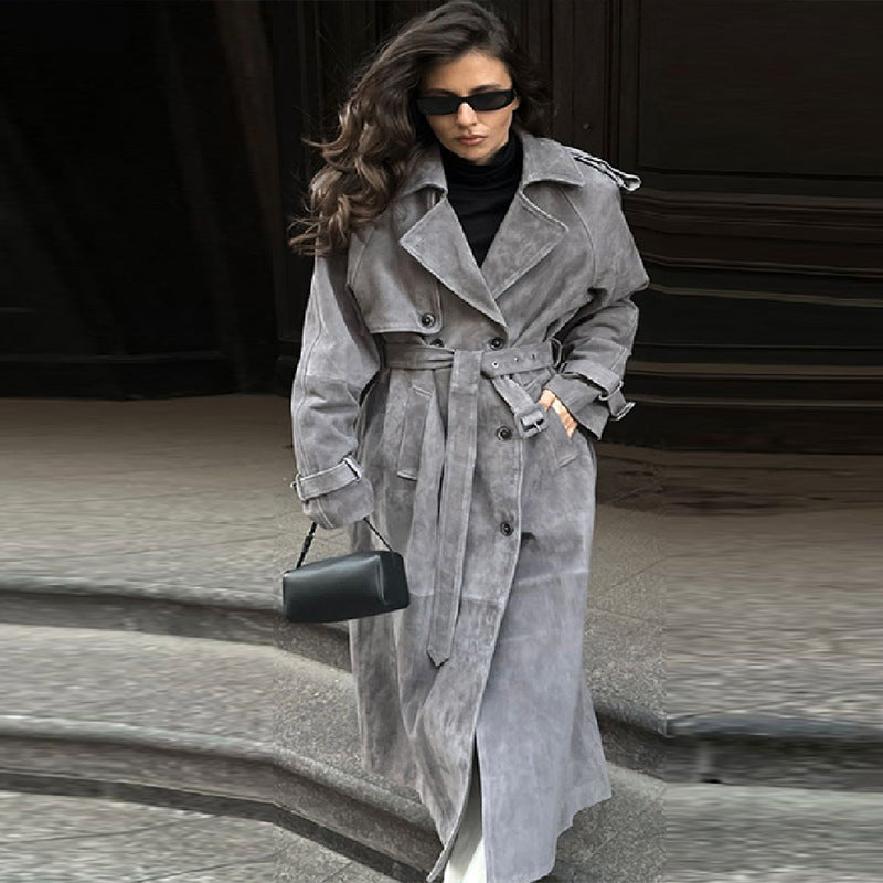 Damen Eleganter Long-Trenchcoat aus weichem Wildleder EB