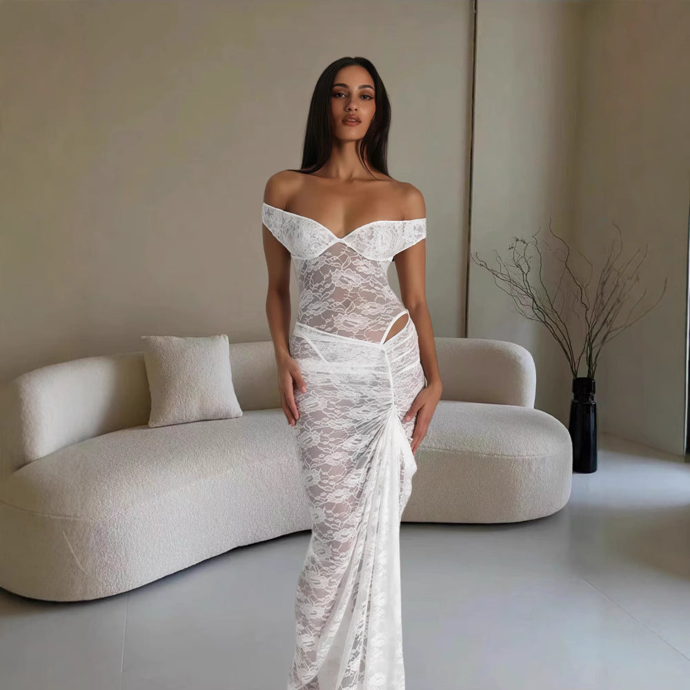 Damen Elegantes Spitzenkleid im Bodycon-Stil mit Off-Shoulder Ausschnitt EB