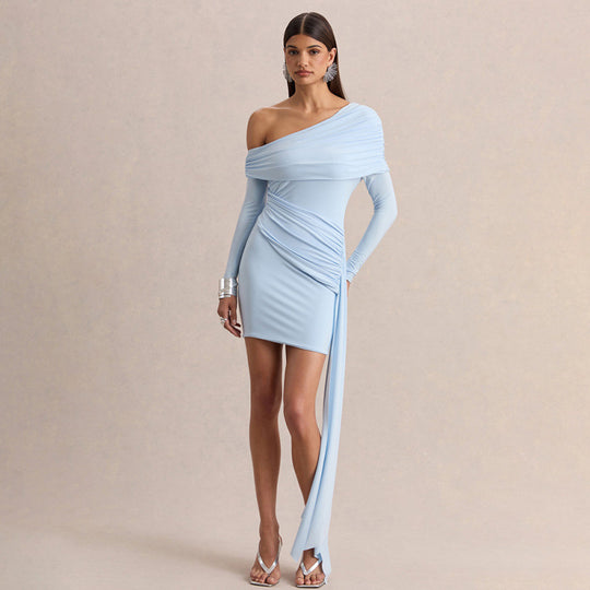 Damen Elegantes Wickelkleid mit asymmetrischem Ärmel und Drapierungen EB