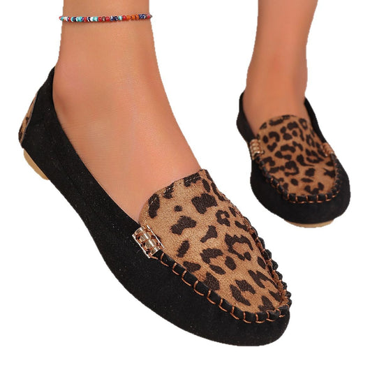 Damen nan Mokassin-Loafer mit Leopardenmuster, dekorativer Ziernaht und flexibler Noppenlaufsohle EB