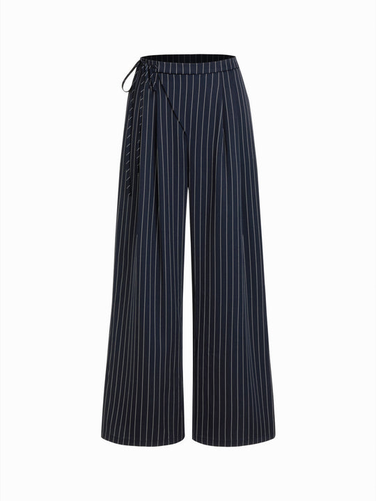 Damen Weite Nadelstreifen-Hose mit Wickel-Taille EB