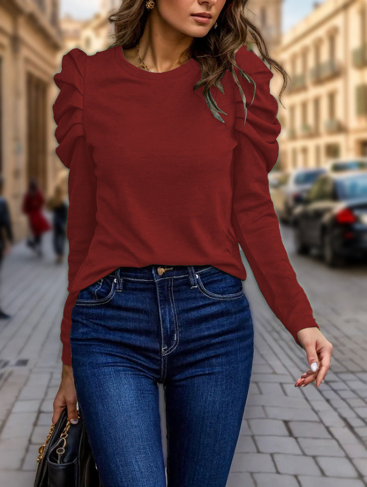Damen Langarmshirt mit gestuften Raffungen an den Schultern und tailliertem Schnitt EB