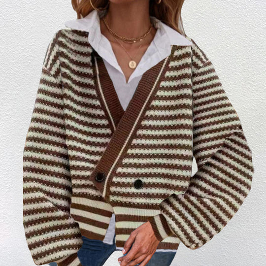 Damen Grobstrick Cardigan mit V-Ausschnitt und modernen Streifen EB
