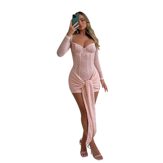 Damen figurbetontes Spitzenkleid mit langen Ärmeln und elegantem Wickeldetail EB