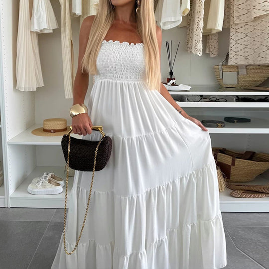 Damen Maxi-Kleid mit Smocked-Oberteil und voluminösen Rüschen EB