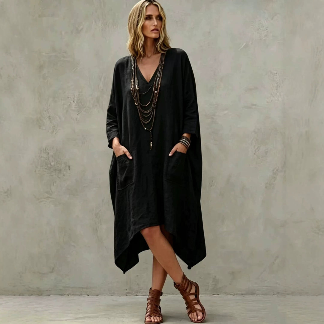 Damen nan Oversize Kaftankleid mit V-Ausschnitt, Eingrifftaschen und asymmetrischem Saum EB