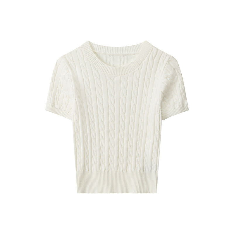 Damen Kurzarm Strickoberteil mit Kabelmuster EB