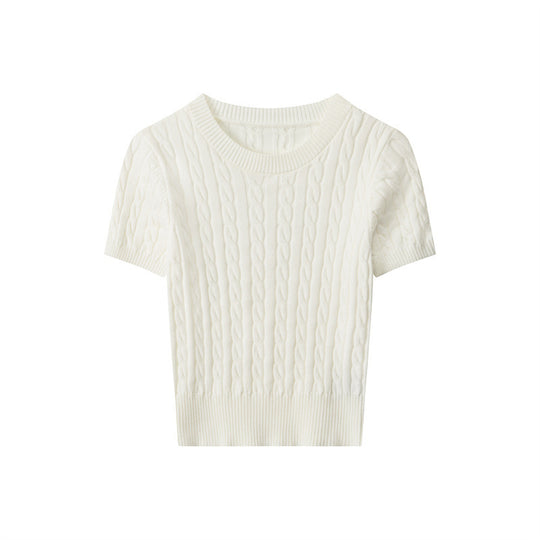 Damen Kurzarm Strickoberteil mit Kabelmuster EB