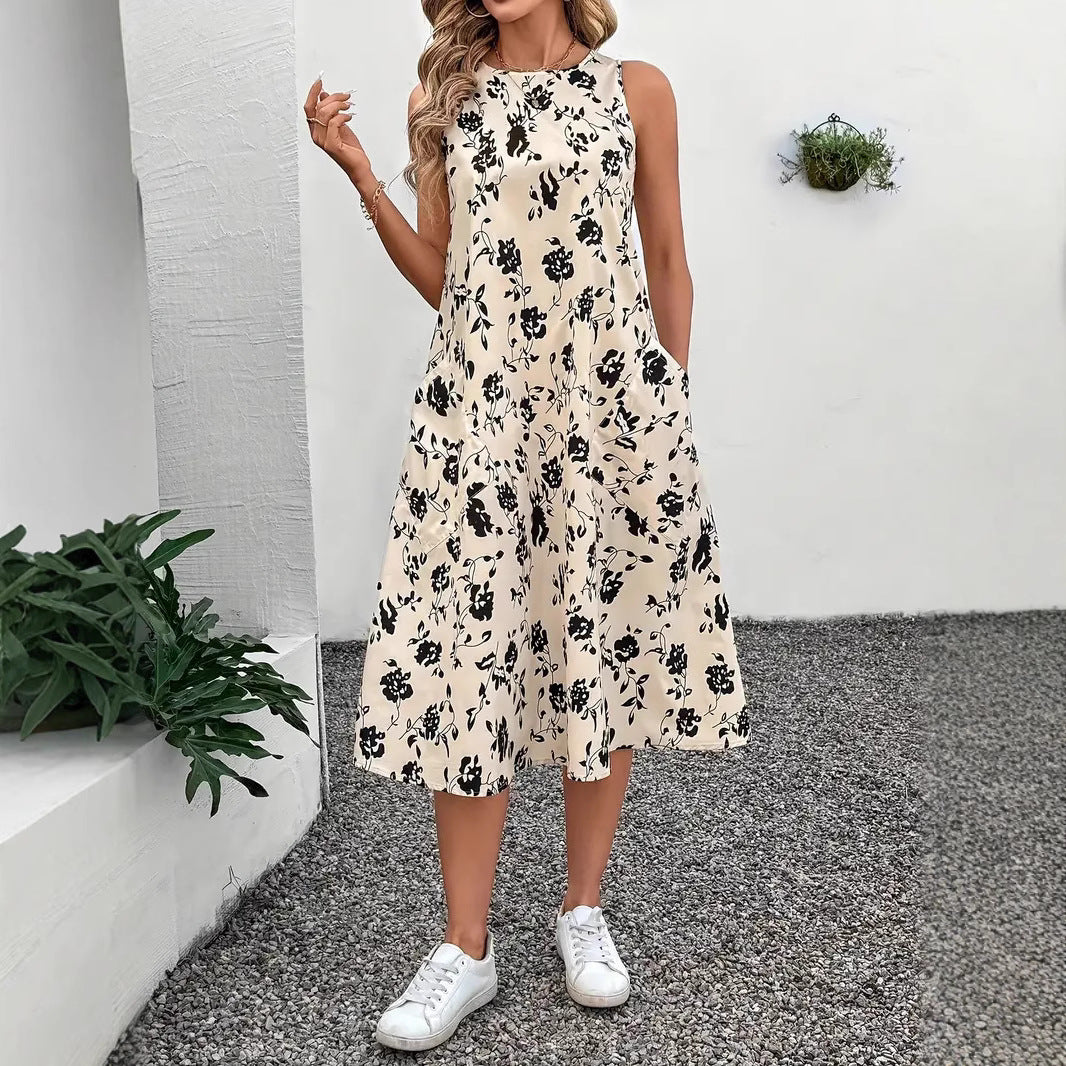 Damen Ärmelloses Maxikleid mit floralem Muster und praktischen Taschen EB