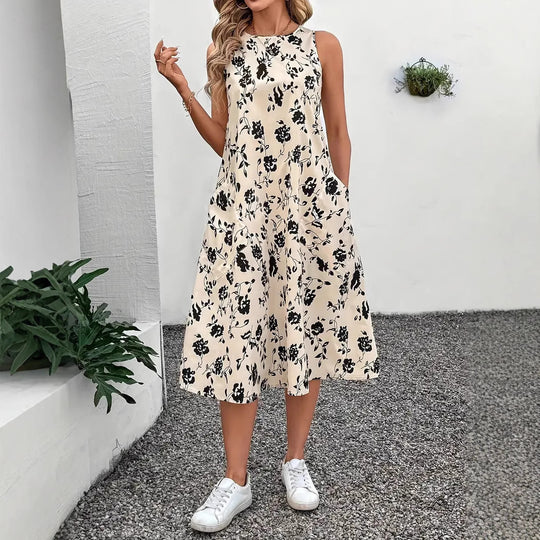 Damen Ärmelloses Maxikleid mit floralem Muster und praktischen Taschen EB