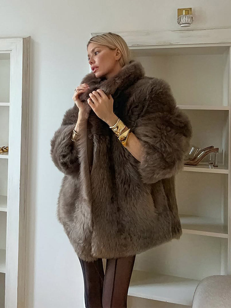 Damen luxuriöse Kunstfelljacke mit voluminösen Ärmeln EB