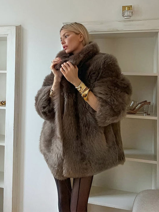 Damen luxuriöse Kunstfelljacke mit voluminösen Ärmeln EB