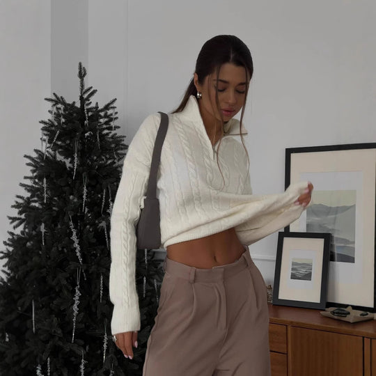 Damen Strickpullover mit modernem Zipper und Rippstrickdetails EB