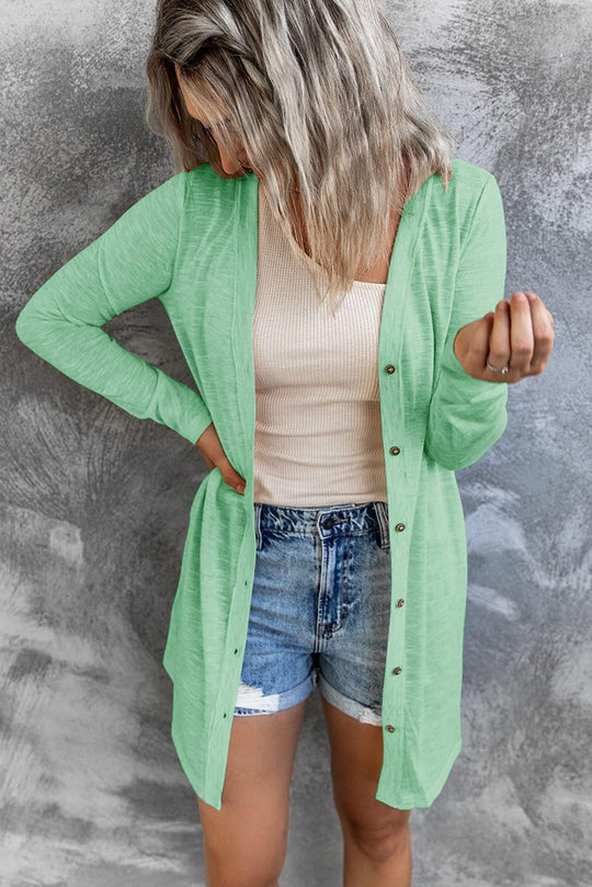 Damen Longline Cardigan mit umfassendem Knopfverschluss und elegantem Schnitt EB