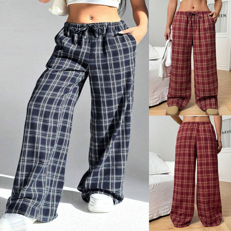 Damen Weite Karohose mit elastischem Bund und praktischen Taschen EB