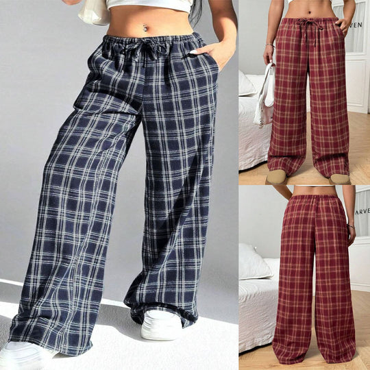 Damen Weite Karohose mit elastischem Bund und praktischen Taschen EB
