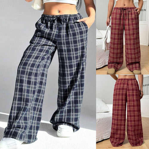 Damen Weite Karohose mit elastischem Bund und praktischen Taschen EB