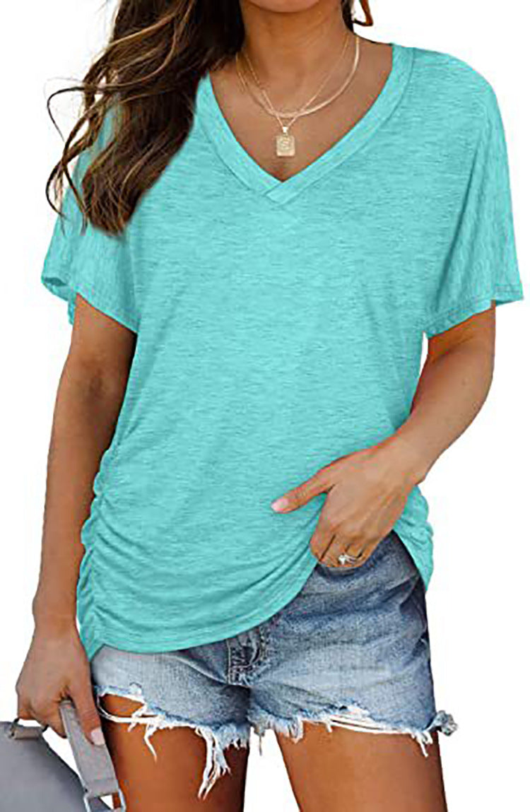 Damen V-Ausschnitt T-Shirt mit dekorativem Raffungseffekt EB