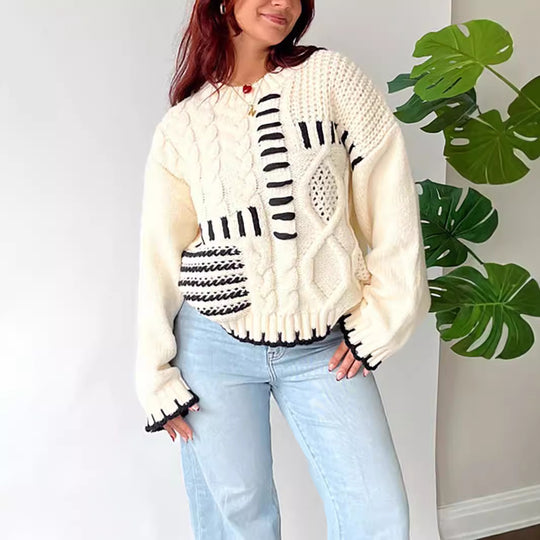Damen Grobstrickpullover mit kreativem Patchwork-Design und lässigem Schnitt EB