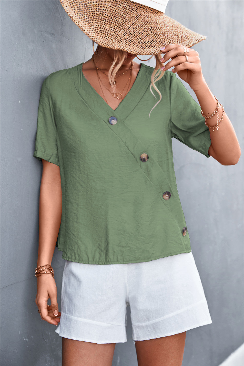 Damen lässige Bluse mit Wickeloptik und Knopfdetails EB