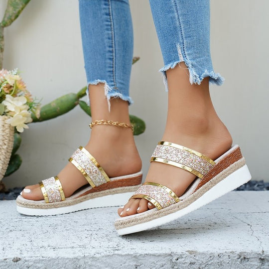 Damen Glamouröse Wedge-Sandaletten mit Glitzer-Riemen und komfortablem Fußbett EB