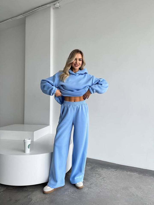 Damen Oversize Loungewear-Set aus schwerem Sweat mit Kapuzenpullover und weitem hochgeschnittenem Jogger EB