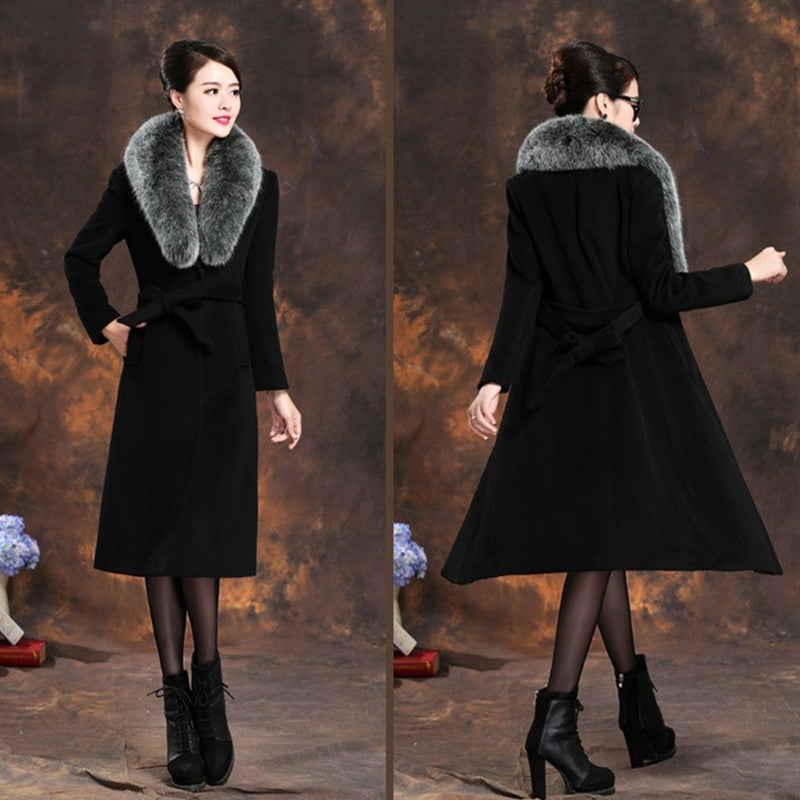 Damen elegante Wollmantel mit abnehmbarem Pelzkragen EB