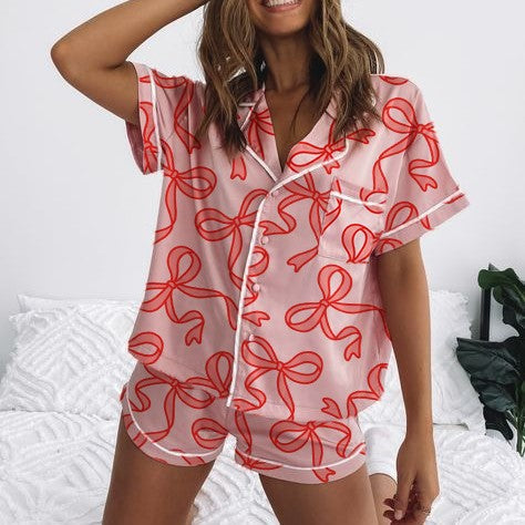 Damen Kurzarm-Pyjama-Set mit verspieltem Schleifenmuster EB
