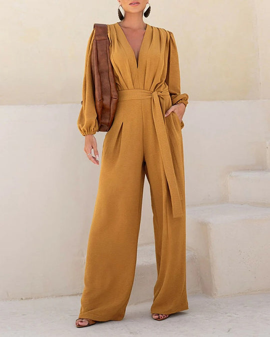 Damen Eleganter Palazzo-Jumpsuit mit tiefem V‑Ausschnitt, Bindegürtel und Ballonärmeln EB