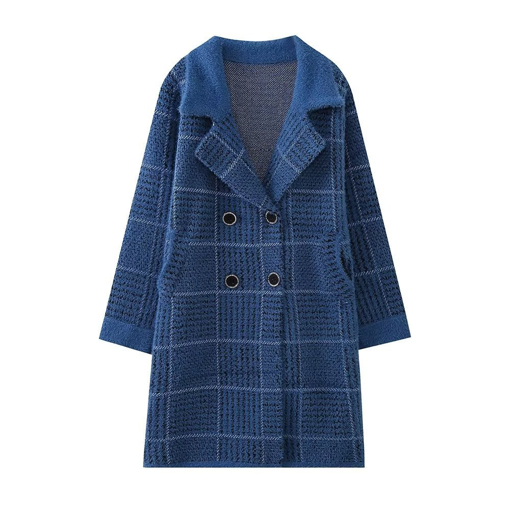 Damen modische Übergangsjacke mit strukturiertem Karomuster und eleganter Knopfleiste EB