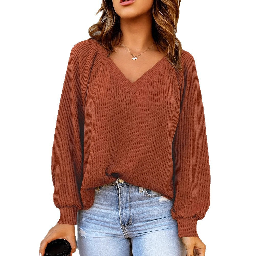 Damen Feinstruktur-Strickpullover mit V-Ausschnitt, Ballonärmeln und Rippbündchen EB
