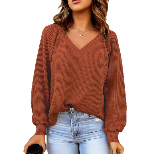 Damen Feinstruktur-Strickpullover mit V-Ausschnitt, Ballonärmeln und Rippbündchen EB