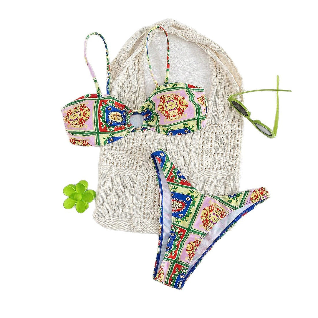 Damen Bikini mit elegantem Bandeau-Schnitt und buntem Muster EB