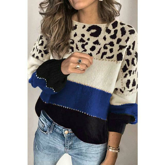 EB | Pullover - Damen Herbst Leopard Patchwork Strickpullover
