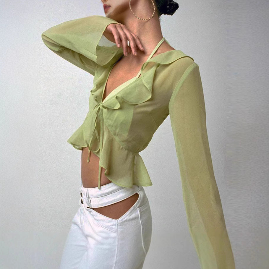Damen Transparente Langarmbluse mit Rüschen und Bindegürtel EB
