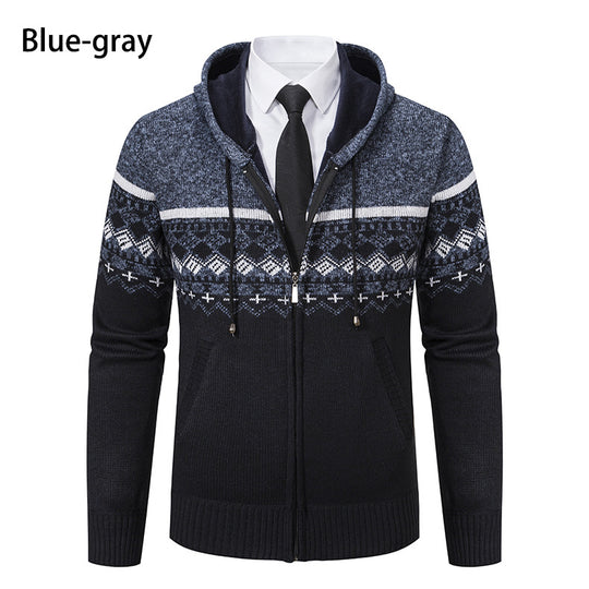 Herren stilvolle Strickjacke mit Kapuze und Norweger-Muster EB